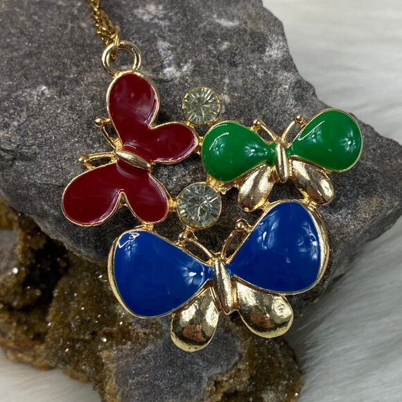 Enamel & Rhinestone Gold Tone Butterfly Pendant Necklace - Picture 8 of 8